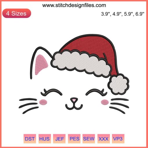 Embroidery design of a cute cat face with Santa hat, perfect for Christmas stitching projects. Christmas cat embroidery design.