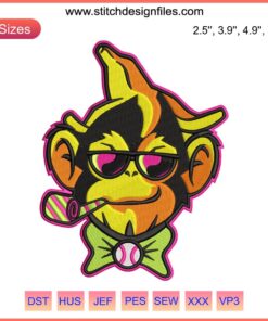 Savannah Party Animal Embroidery Design featuring a dancing banana wearing sunglasses, perfect for vibrant stitching projects.