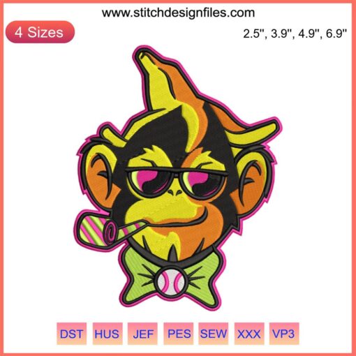 Savannah Party Animal Embroidery Design featuring a dancing banana wearing sunglasses, perfect for vibrant stitching projects.