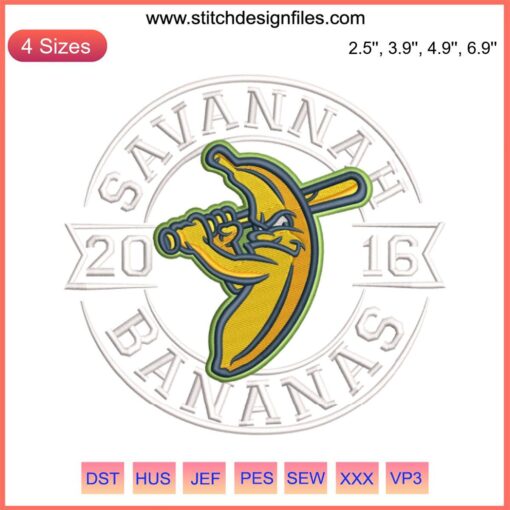 Savannah Bananas 2016 Embroidery Design featuring vibrant digital stitching of baseball team logo.