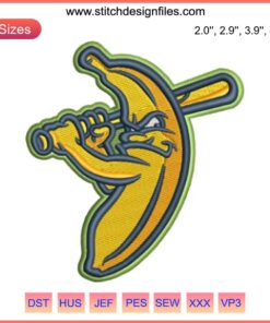Embroidery pattern featuring a baseball with banana design, inspired by Savannah Bananas baseball team. Digital stitching art.