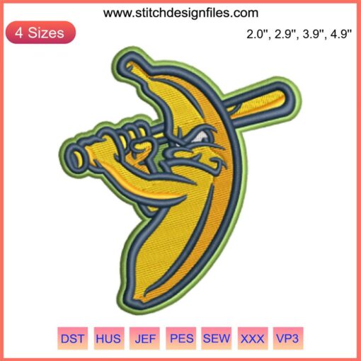 Embroidery pattern featuring a baseball with banana design, inspired by Savannah Bananas baseball team. Digital stitching art.