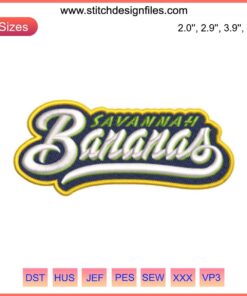Savannah Bananas Wordmark Embroidery Design featuring MLB-inspired logo, perfect for digital stitching projects.