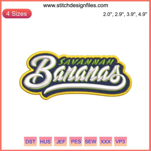 Savannah Bananas Wordmark Embroidery Design featuring MLB-inspired logo, perfect for digital stitching projects.