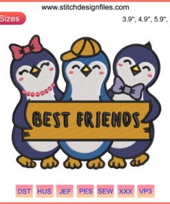 Adorable penguins embroidery design, funny friends motif, perfect digital stitching gift for penguin lovers, cute besties pattern.