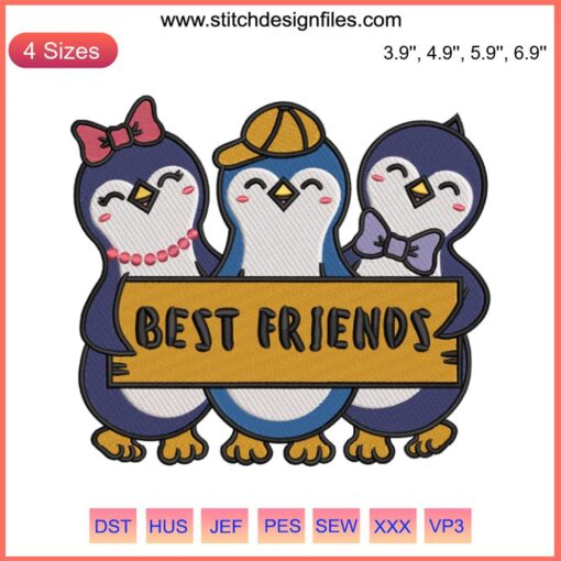 Adorable penguins embroidery design, funny friends motif, perfect digital stitching gift for penguin lovers, cute besties pattern.