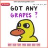 Cartoon duck stitching from The Duck Song; holding grapes; whimsical, humorous embroidery design for crafting.
