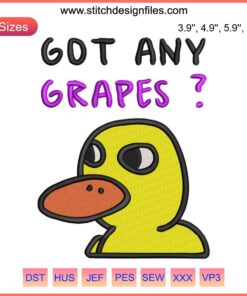 Cartoon duck stitching from The Duck Song; holding grapes; whimsical, humorous embroidery design for crafting.