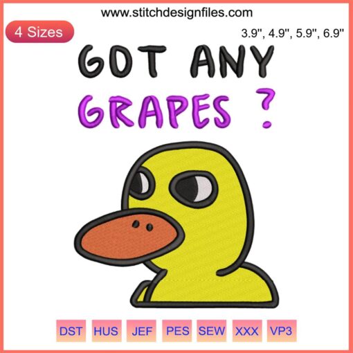 Cartoon duck stitching from The Duck Song; holding grapes; whimsical, humorous embroidery design for crafting.