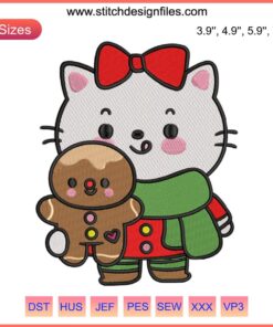 Cat holding gingerbread cookie, Christmas embroidery design, cute feline festive stitching, digital pattern, holiday decor.