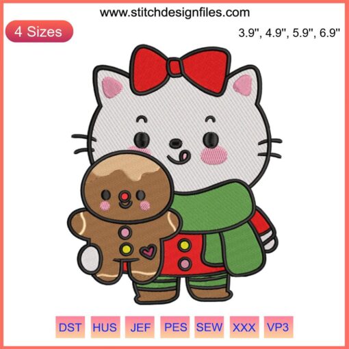 Cat holding gingerbread cookie, Christmas embroidery design, cute feline festive stitching, digital pattern, holiday decor.