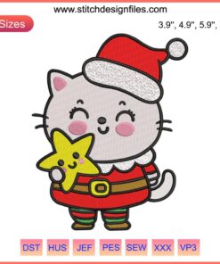 Cute cat holding a star Christmas embroidery design, ideal for digital stitching projects. Festive cat embroidery pattern.