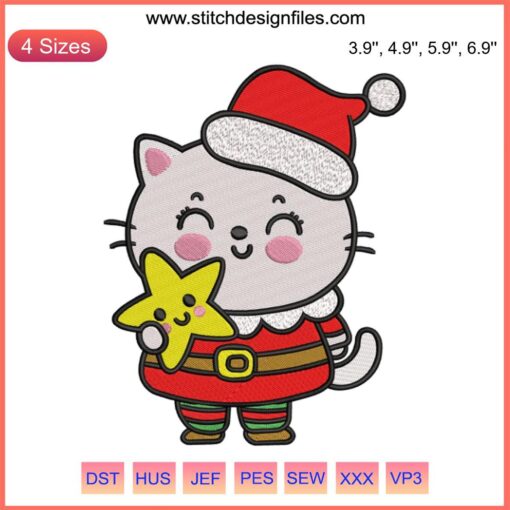 Cute cat holding a star Christmas embroidery design, ideal for digital stitching projects. Festive cat embroidery pattern.