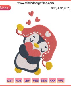 Cute penguin cartoon hugging a heart, embroidery design. Digital stitching, Penguin Hug Heart for crafting projects.