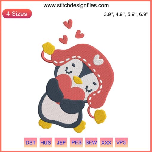 Cute penguin cartoon hugging a heart, embroidery design. Digital stitching, Penguin Hug Heart for crafting projects.
