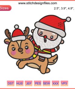 Adorable Santa and Reindeer Embroidery Design, "Merry Christmas" Digital Stitching for festive crafting projects.