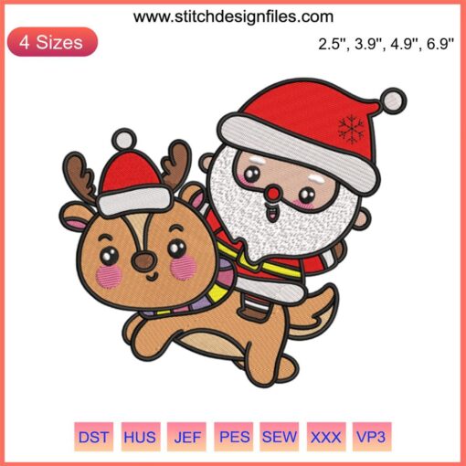 Adorable Santa and Reindeer Embroidery Design, "Merry Christmas" Digital Stitching for festive crafting projects.