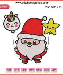 Santa holding a shimmering star with a magical unicorn, festive Christmas embroidery perfect for digital stitching projects.