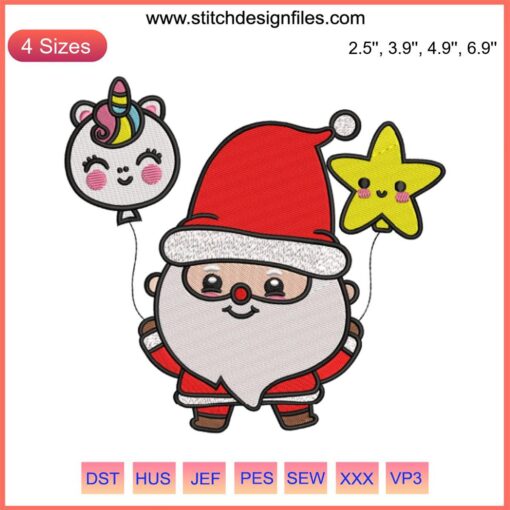 Santa holding a shimmering star with a magical unicorn, festive Christmas embroidery perfect for digital stitching projects.