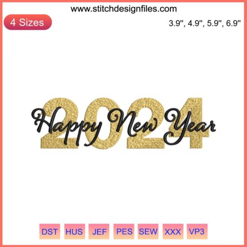 Golden Happy New Year 2024 Embroidery Design: Gold Glitter & Black Digital Stitching, Festive Stitch Pattern, New Year Decoration