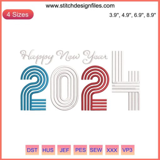 "Happy New Year 2024 Embroidery Design featuring 'Hello 2024' elegant digital stitching, festive embroidery pattern."