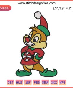 Dale Christmas Elf Embroidery Design featuring Disney's Chip and Dale in festive elf costumes, perfect for digital stitching.