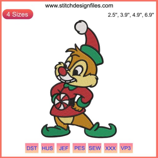 Dale Christmas Elf Embroidery Design featuring Disney's Chip and Dale in festive elf costumes, perfect for digital stitching.
