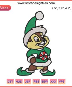 Chip Christmas Elf Embroidery Design featuring Disney's Chip from Chip and Dale in festive elf attire, digital stitching pattern.