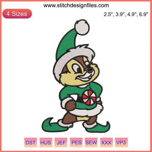Chip Christmas Elf Embroidery Design featuring Disney's Chip from Chip and Dale in festive elf attire, digital stitching pattern.