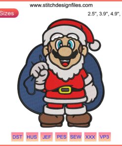 Super Mario Santa Claus Embroidery Design featuring Mario in a Santa suit, perfect for Christmas digital stitching projects.