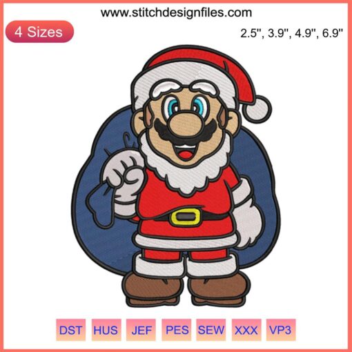 Super Mario Santa Claus Embroidery Design featuring Mario in a Santa suit, perfect for Christmas digital stitching projects.