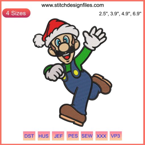 Mario Santa Waving Hand Embroidery Design | Super Mario Christmas Digital Stitching with Festive Santa Hat