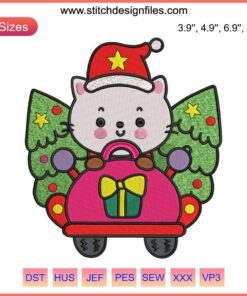 Cute cat driving car with Christmas tree, digital embroidery design, festive, holiday stitching, fun cat Christmas motif.
