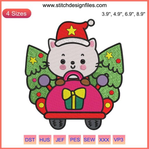 Cute cat driving car with Christmas tree, digital embroidery design, festive, holiday stitching, fun cat Christmas motif.