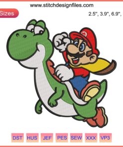 Mario riding Yoshi embroidery design, digital stitching, Super Mario character, DIY sewing pattern, gaming embroidery