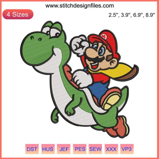 Mario riding Yoshi embroidery design, digital stitching, Super Mario character, DIY sewing pattern, gaming embroidery