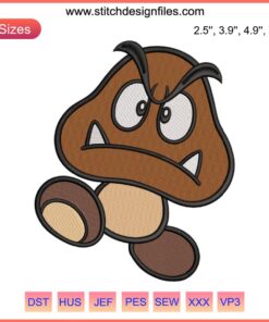 Goomba Embroidery Design featuring iconic Super Mario character in detailed digital stitching. Perfect for fans and crafters.