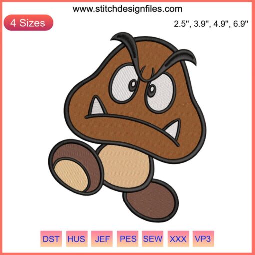 Goomba Embroidery Design featuring iconic Super Mario character in detailed digital stitching. Perfect for fans and crafters.