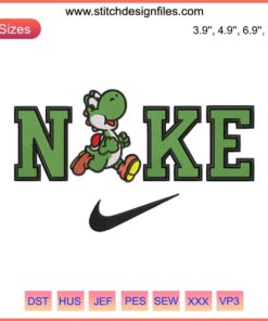 Yoshi Running x Nike Embroidery Design: Super Mario-themed digital stitching, featuring Yoshi in Nike gear, vibrant gaming pattern.