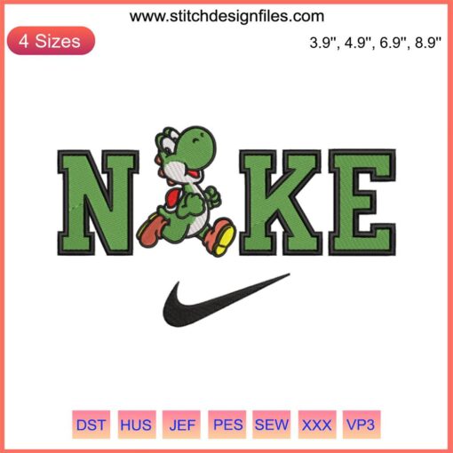 Yoshi Running x Nike Embroidery Design: Super Mario-themed digital stitching, featuring Yoshi in Nike gear, vibrant gaming pattern.