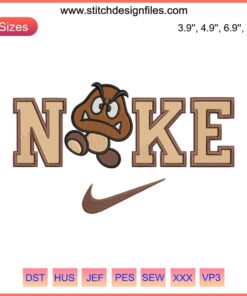 Goomba x Nike Embroidery Design featuring Super Mario Game-themed digital stitching pattern with iconic gaming character blend.