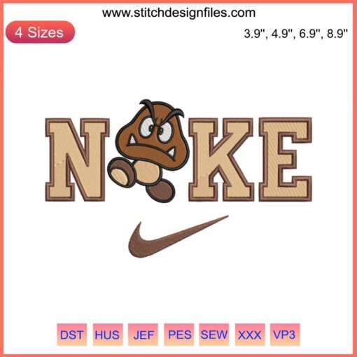 Goomba x Nike Embroidery Design featuring Super Mario Game-themed digital stitching pattern with iconic gaming character blend.
