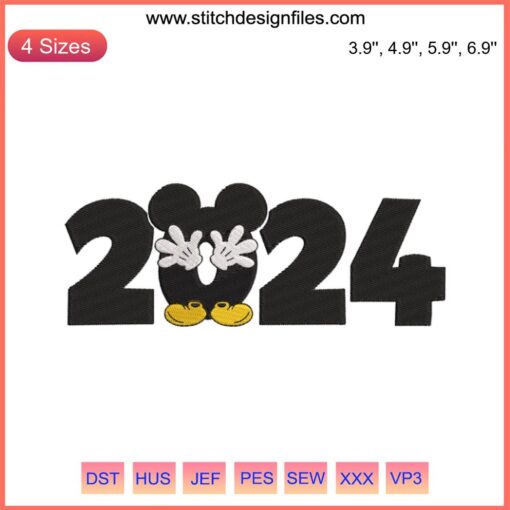 Mickey Mouse 2024 Embroidery Design | Hello 2024 Digital Stitching | Cute Disney-themed pattern for embroidery projects