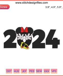 "Minnie Mouse Embroidery Design | Hello 2024 | Digital Stitching | Cute Minnie Mouse with Bow, Text 'Hello 2024', Colorful Embroidery"