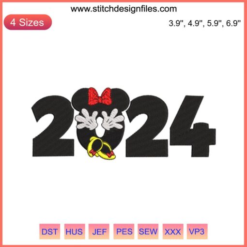 "Minnie Mouse Embroidery Design | Hello 2024 | Digital Stitching | Cute Minnie Mouse with Bow, Text 'Hello 2024', Colorful Embroidery"
