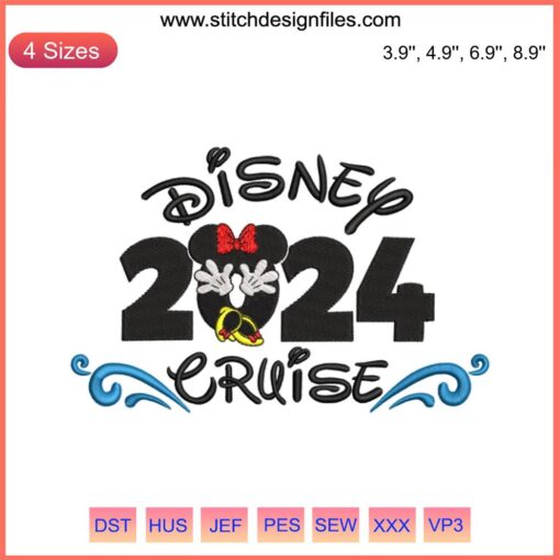 2024 Disney Cruise Minnie Embroidery Design featuring Minnie Mouse in nautical theme for Disney Hello 2024 Digital Stitching.