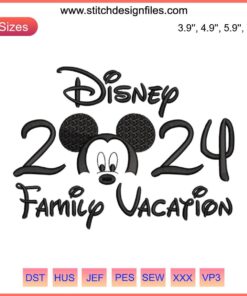 Mickey Disney Family Vacation 2024 Embroidery Design featuring classic Mickey Mouse in digital stitching for personalized creations.