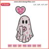 Cute ghost holding a heart-shaped balloon embroidery design, ideal for Valentine digital stitching projects.