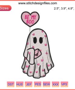 Cute ghost holding a heart-shaped balloon embroidery design, ideal for Valentine digital stitching projects.