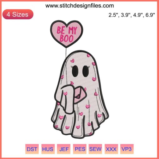 Cute ghost holding a heart-shaped balloon embroidery design, ideal for Valentine digital stitching projects.
